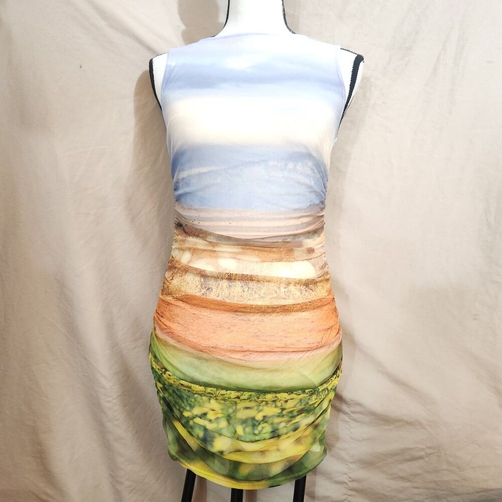 UO Scenecore Cloud Mountain Graphic Print Mesh Nylon Mini Dres Bodycon SZ S